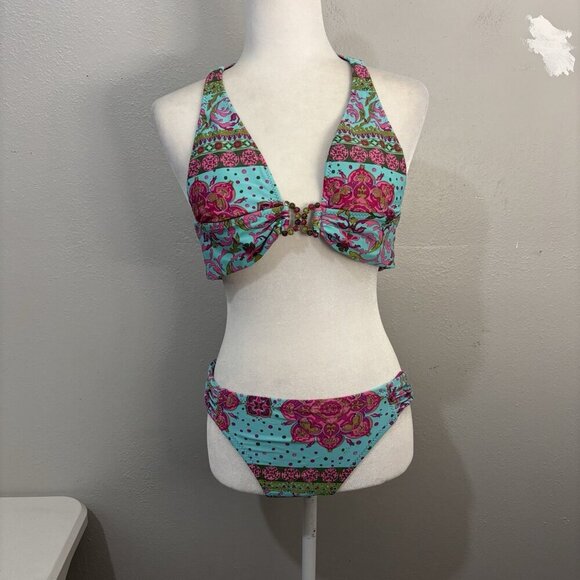 Becca 2 Piece Turquoise Swimsuit Embelished Top Size Small Bottom Size Large - Picture 1 of 13